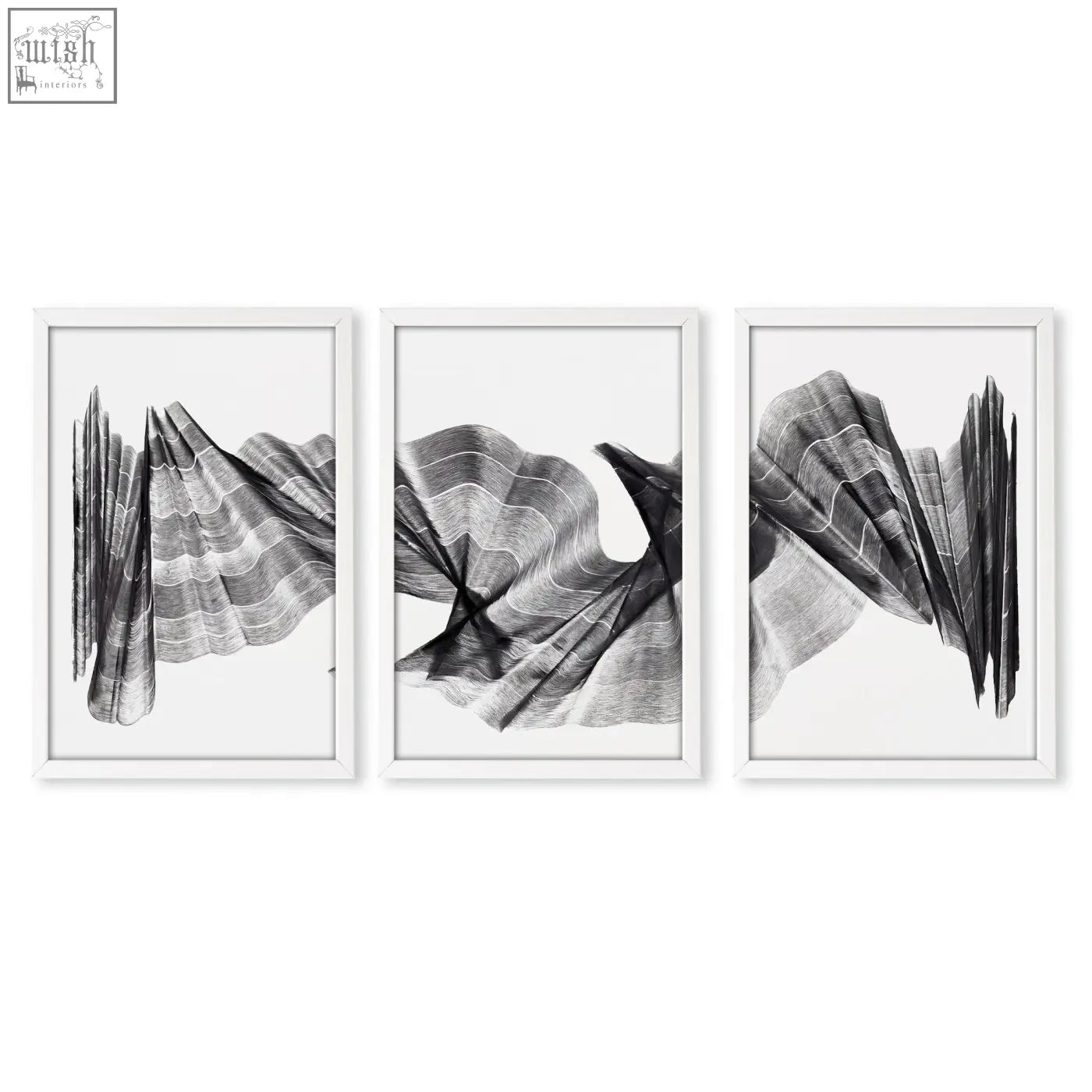 Set of three minimalist black and white abstract painting art prints in sleek white frames with textured wave design