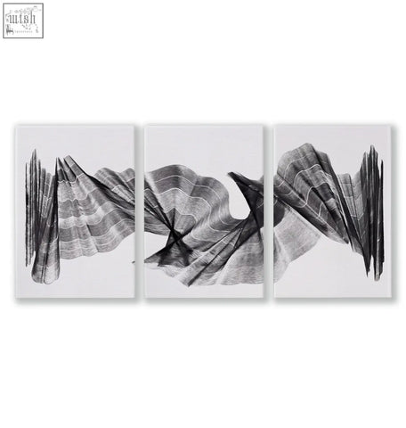 Black and white abstract painting art print featuring flowing textured wave patterns on canvas set of 3