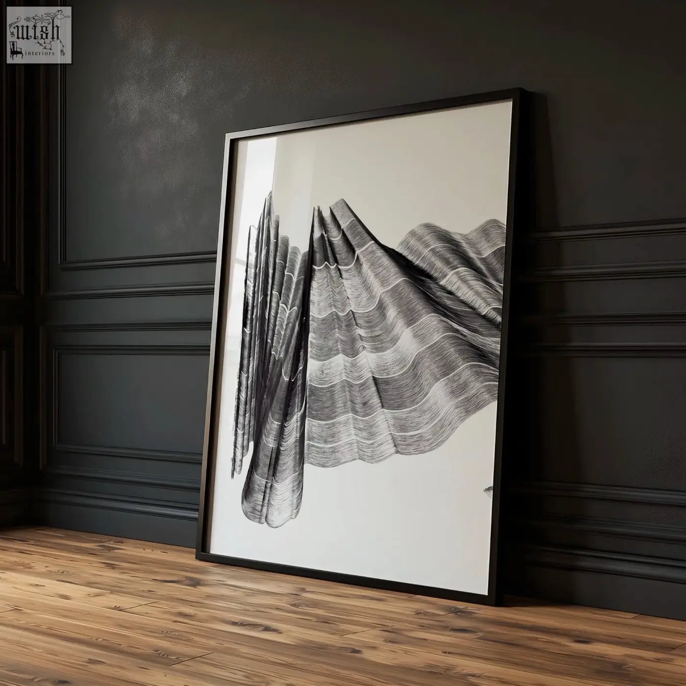 Black-framed abstract painting art print with intricate layered charcoal flowing textured wave design in grayscale tones