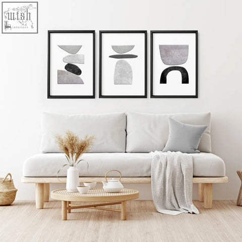 Minimalist black framed abstract painting set of 3 wall art prints with layered geometric shapes in gray and charcoal tones