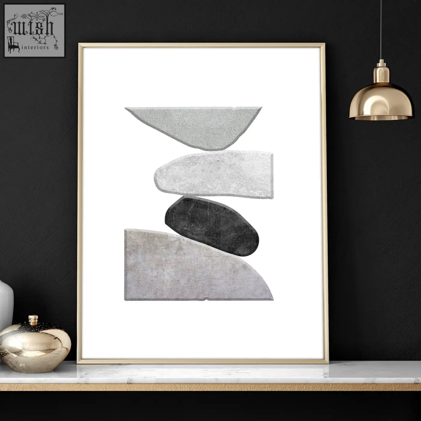 Minimalist abstract painting black and white wall art prints featuring stacked stone shapes in gray and black with gold frames