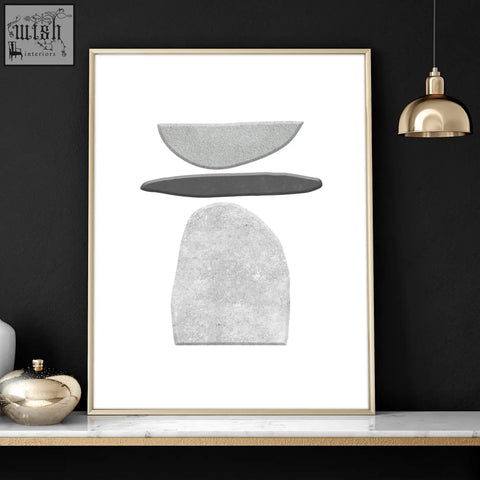 Minimalist abstract wall art prints featuring three gray stone shapes in a gold-toned frame set of 3 black and white art prints