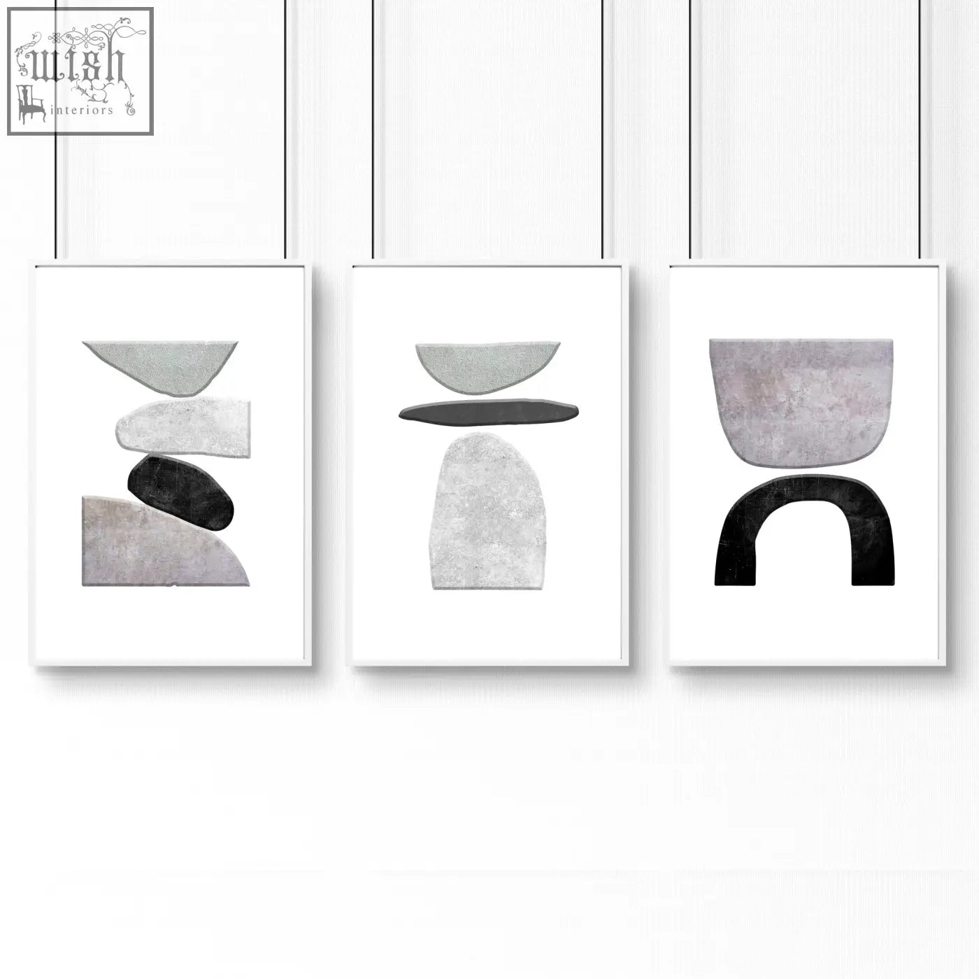 Set of three minimalist abstract wall art prints featuring stacked geometric shapes in muted gray black and white tones