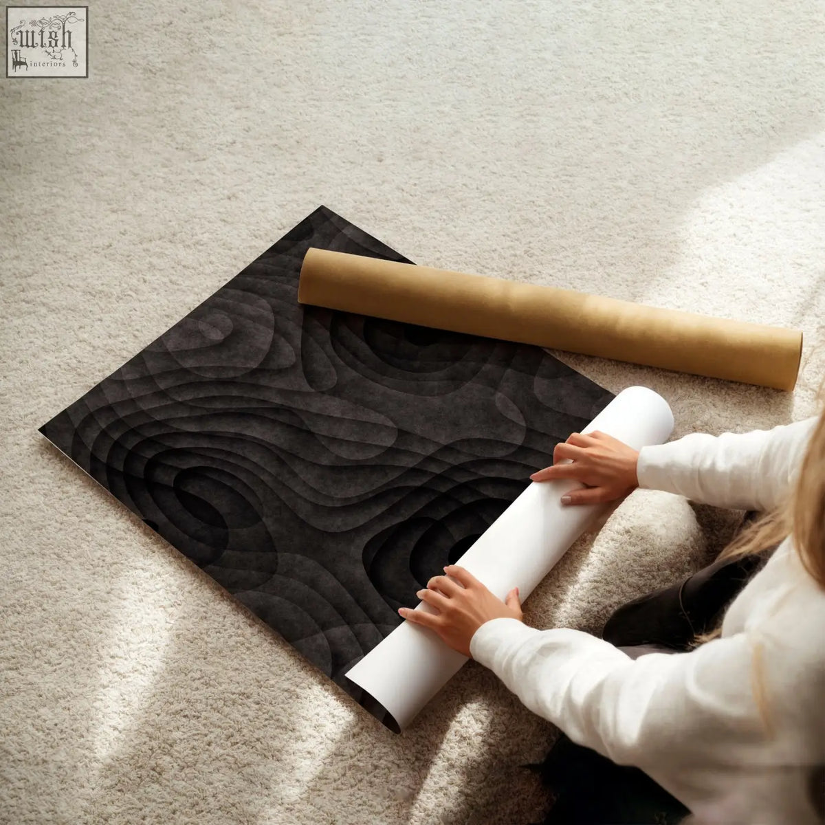 Black textured abstract painting with dark charcoal topographic wave patterns displayed on carpeted floor set of 3