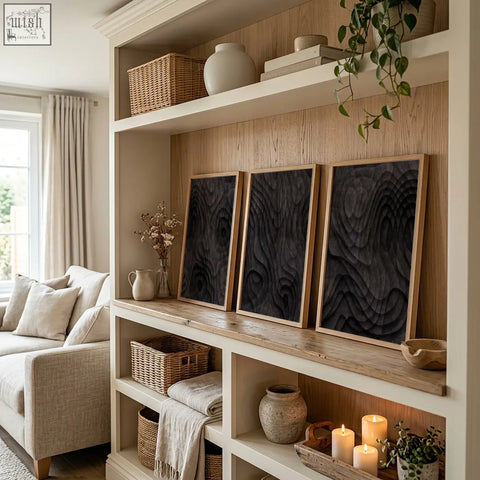 Three framed abstract painting prints with dark charcoal topographic wave texture and light wooden frames on shelf