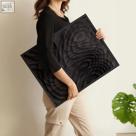 Black framed 3d textured abstract painting set with dark charcoal topographic wave patterns and concentric circles