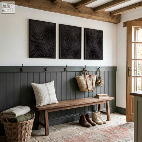 Dark wood paneling abstract painting with dark charcoal topographic wave texture and black frame set of 3 panels