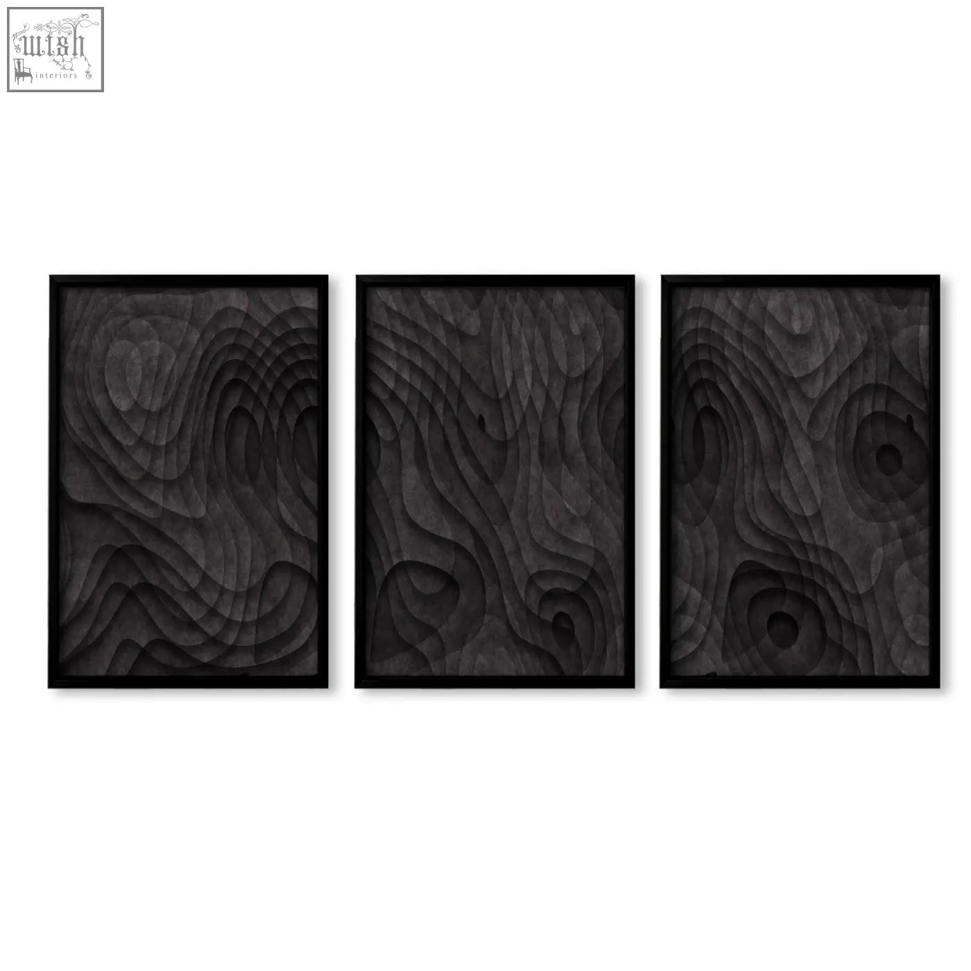 Three black-framed wood relief art panels featuring abstract painting with dark charcoal topographic wave texture