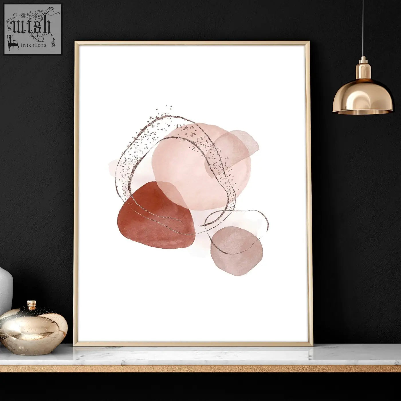 A set of 3 modern abstract art prints with blush and terracotta splotches framed in sleek gold for bedroom wall art prints