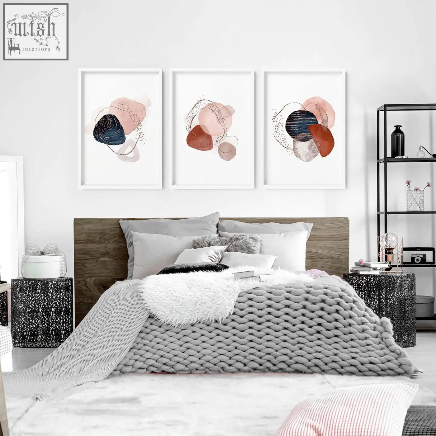 Set of 3 wall art prints featuring abstract pink navy and terracotta circles perfect for bedroom art prints