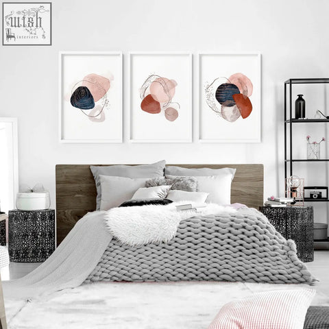 Set of 3 wall art prints featuring abstract pink navy and terracotta circles perfect for bedroom art prints