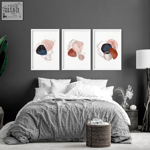 Set of 3 framed abstract art prints with pink terracotta and navy blue circular shapes perfect wall art prints for bedroom