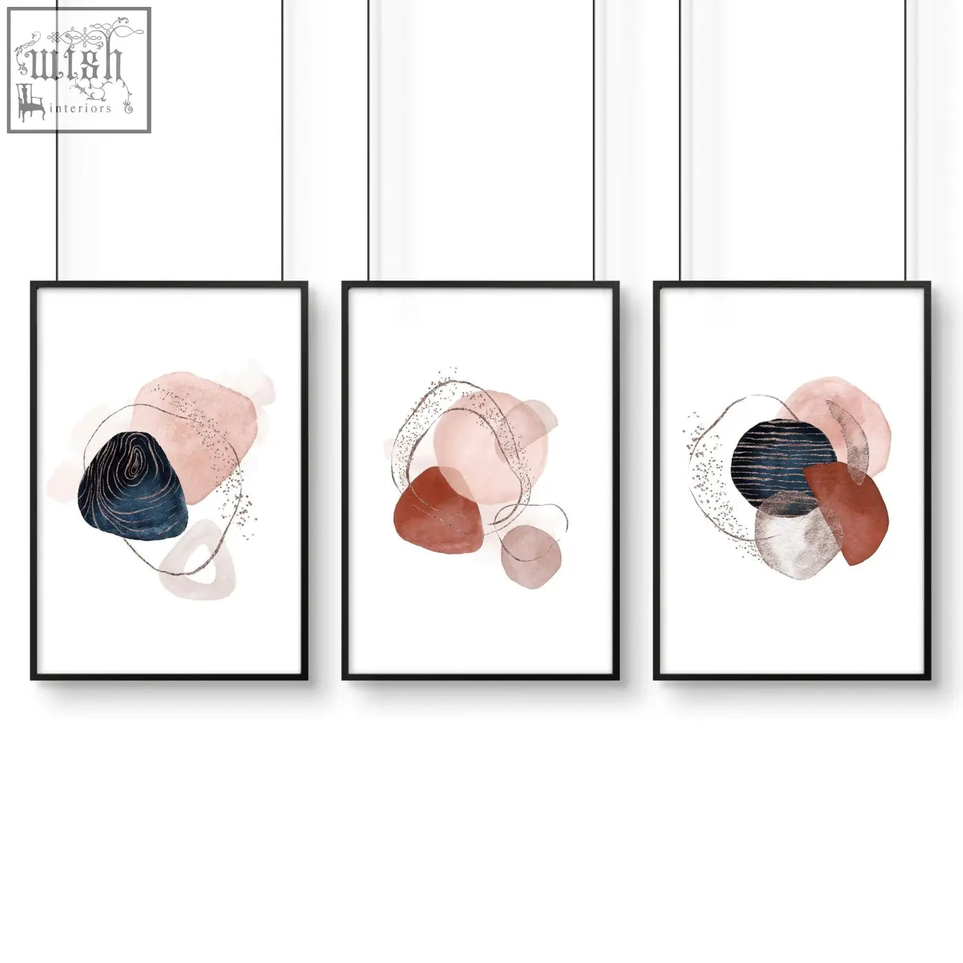 Set of 3 wall art prints featuring modern blush pink and terracotta shapes with navy blue accents in sleek frames