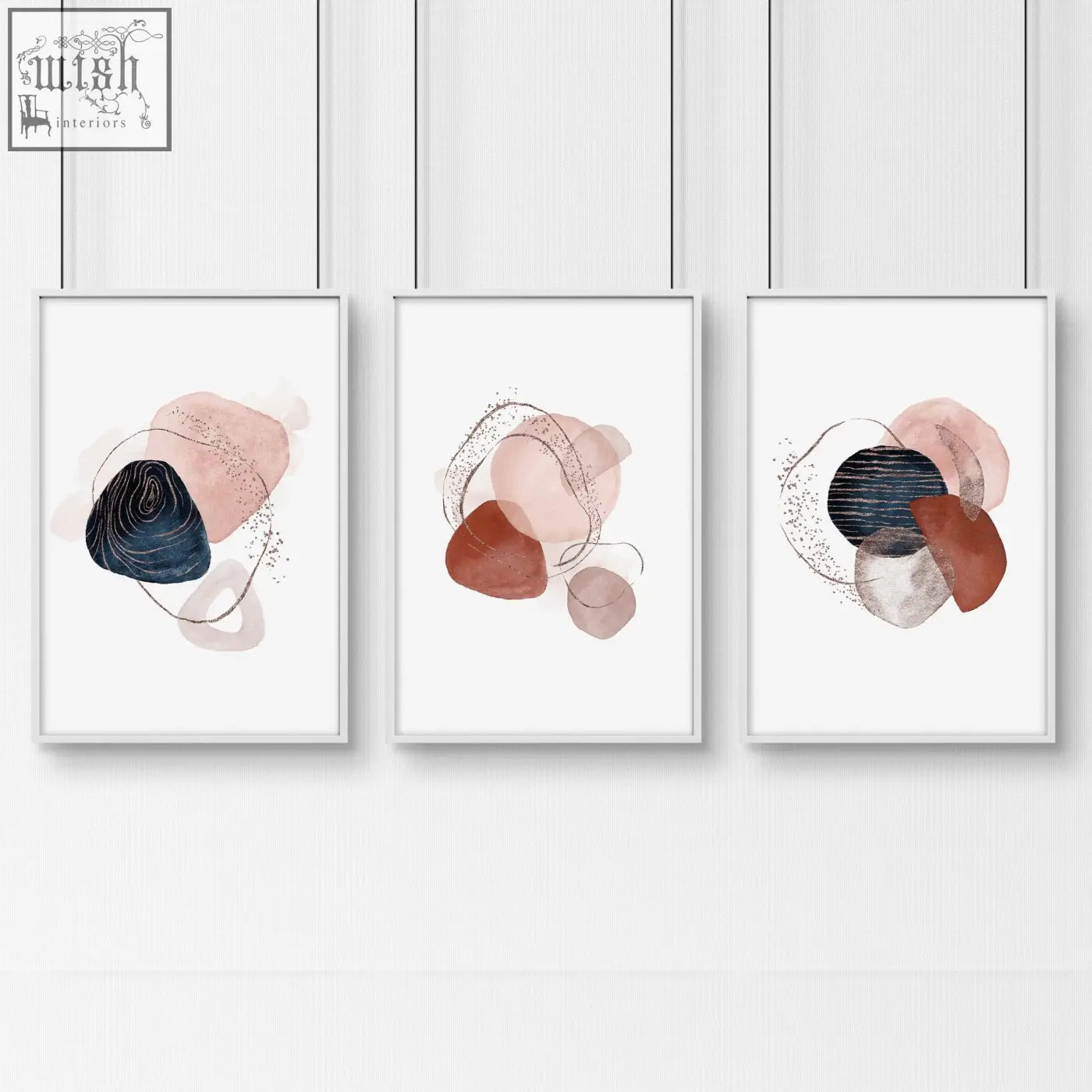 Set of 3 wall art prints with modern abstract pink terracotta and navy shapes in white frames for bedroom decor
