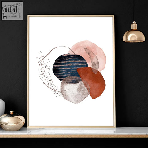 Abstract print wall art set of 3 featuring watercolor circles in pink navy terracotta and gray in gold frames