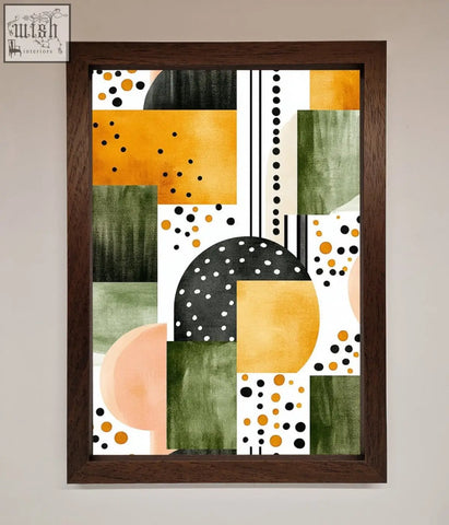 Abstract shapes colours framed wall art with geometric patterns in mustard yellow olive green black white and peach tones in dark wood frame