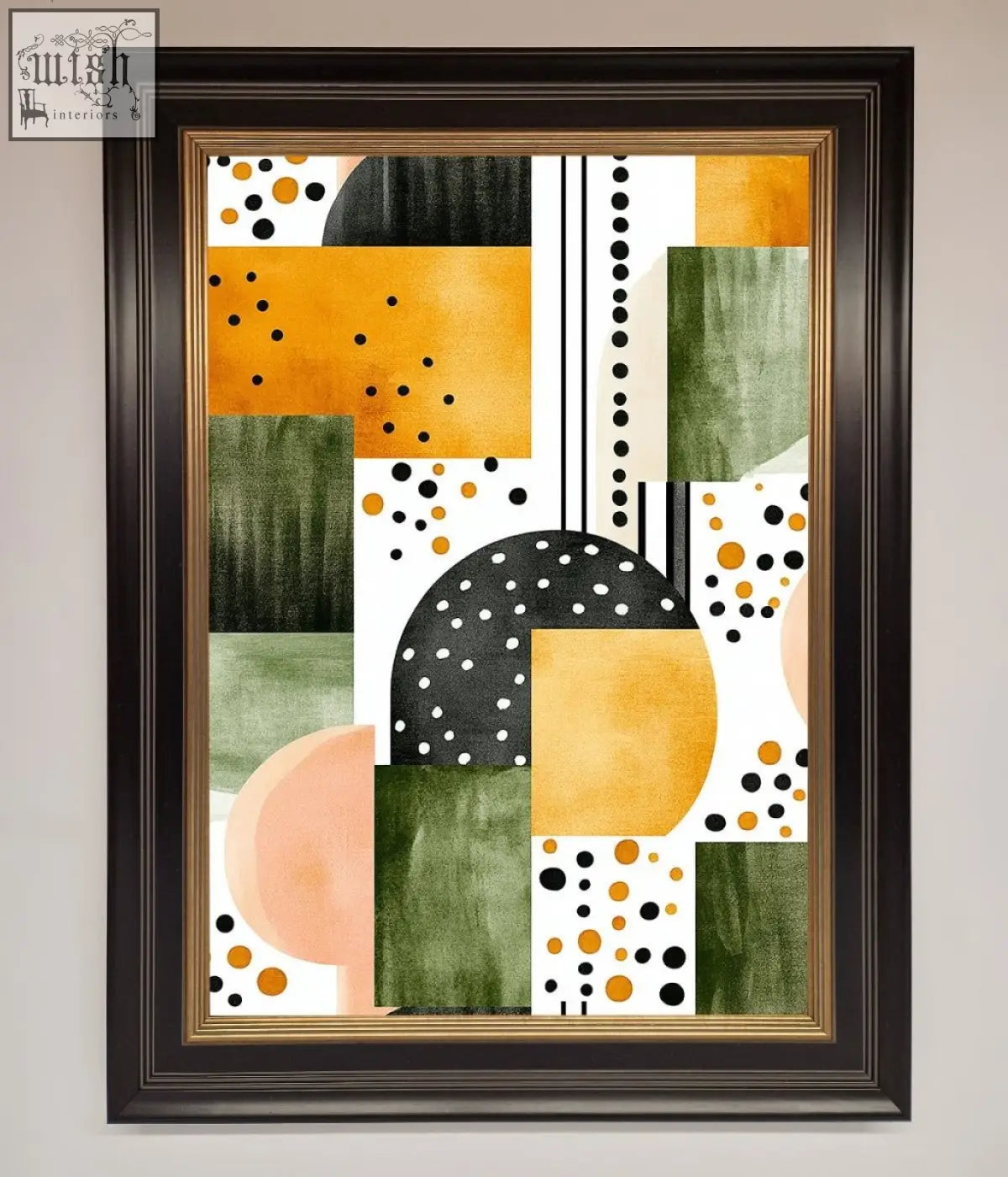 Abstract shapes colours framed wall art with bold orange green black and white geometric shapes and polka dots in a modern frame