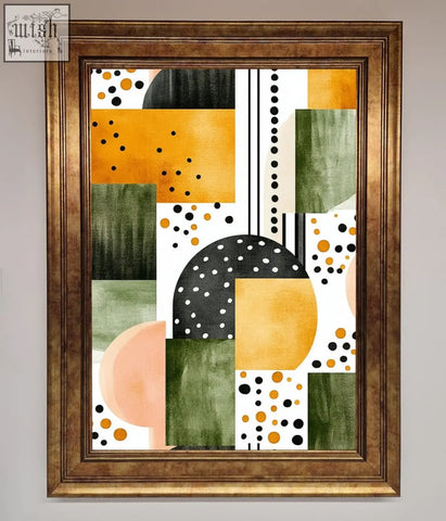 A modern wall art with abstract shapes colours in orange green black and peach in a gold-toned wooden frame
