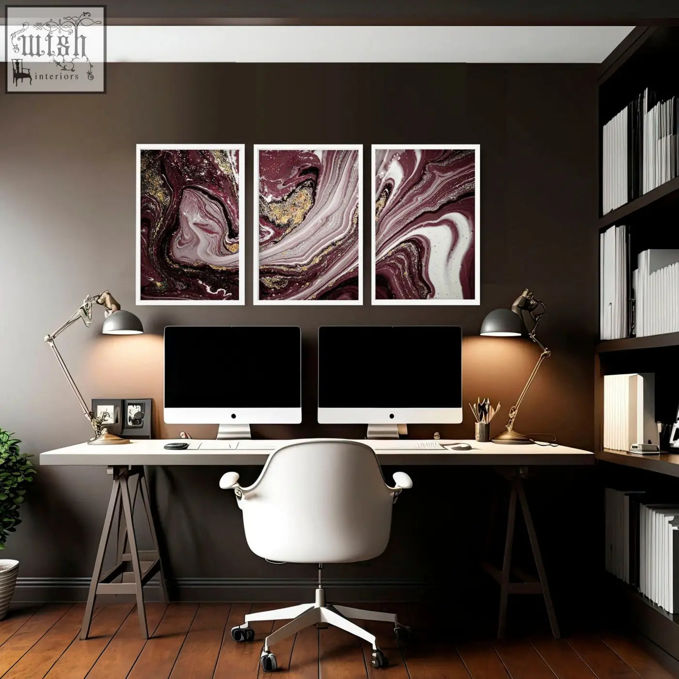 Three framed abstract wall art prints with maroon white and gold swirls large set perfect for office decor