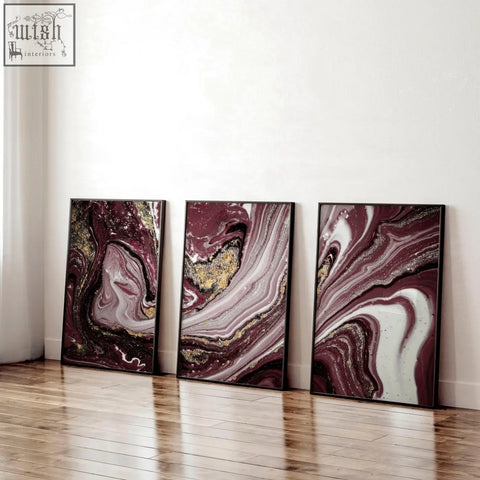 Three framed abstract wall art prints with maroon white and gold marble patterns and glitter accents for office decor