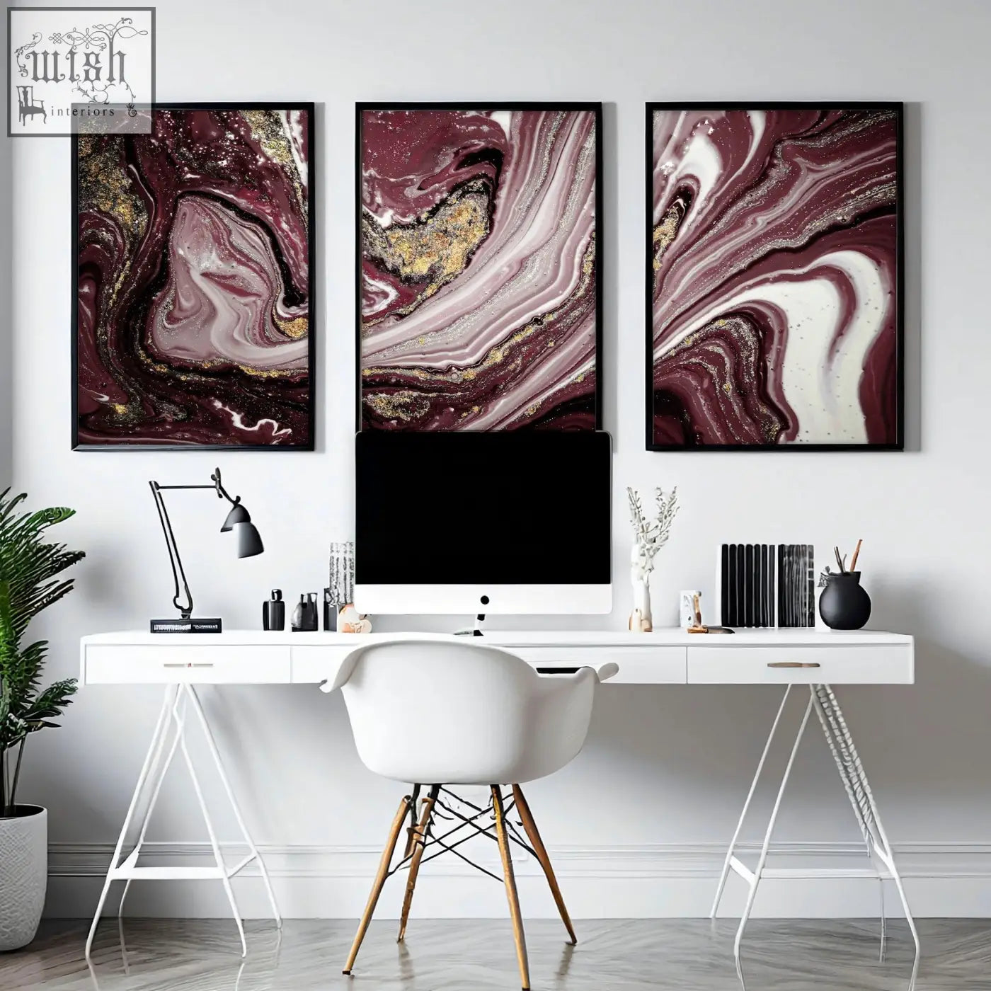 Three large abstract wall art prints with maroon white and gold marble patterns for office decor above desk setup