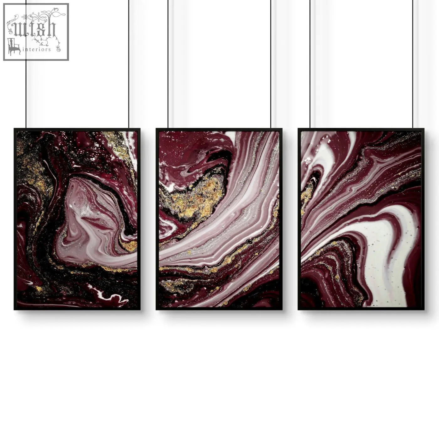 Set of three framed abstract wall art prints with swirling maroon white and gold marble patterns for office decor