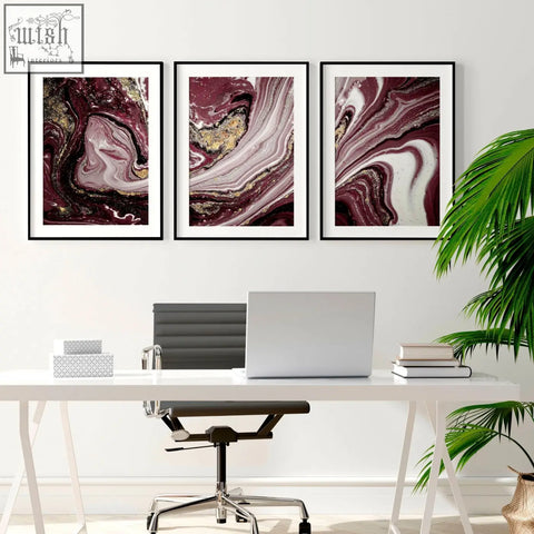 Three large abstract wall art prints in maroon white and gold swirl patterns perfect for office decor