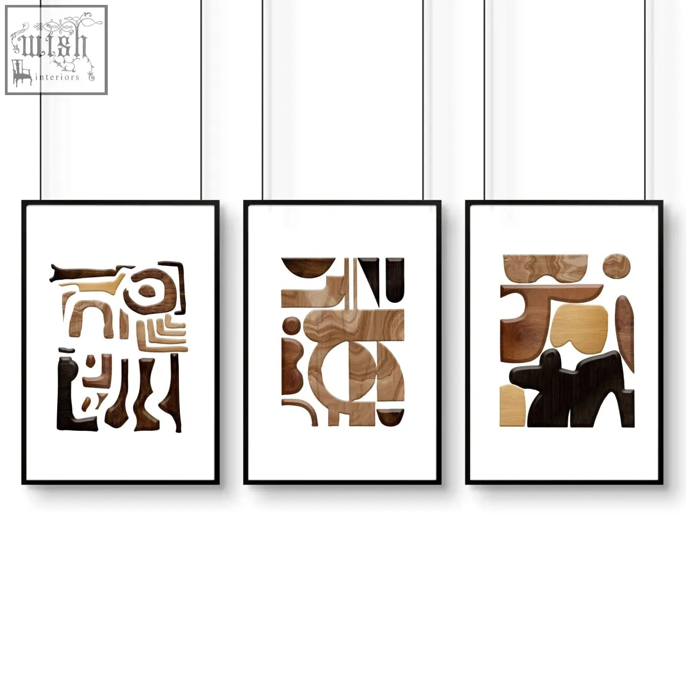 Three framed abstract wall art prints with geometric wood grain patterns in earthy brown and tan tones for home decor