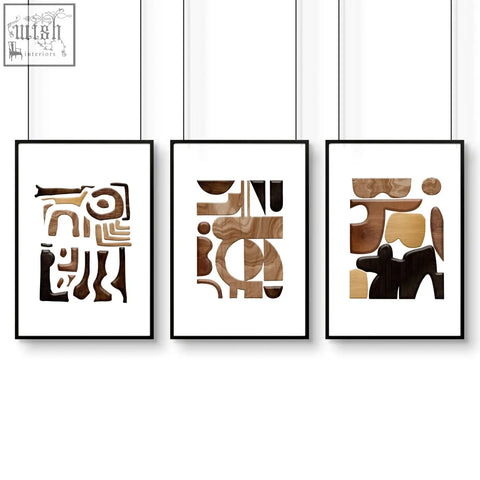 Three framed abstract wall art prints with geometric wood grain patterns in earthy brown and tan tones for home decor