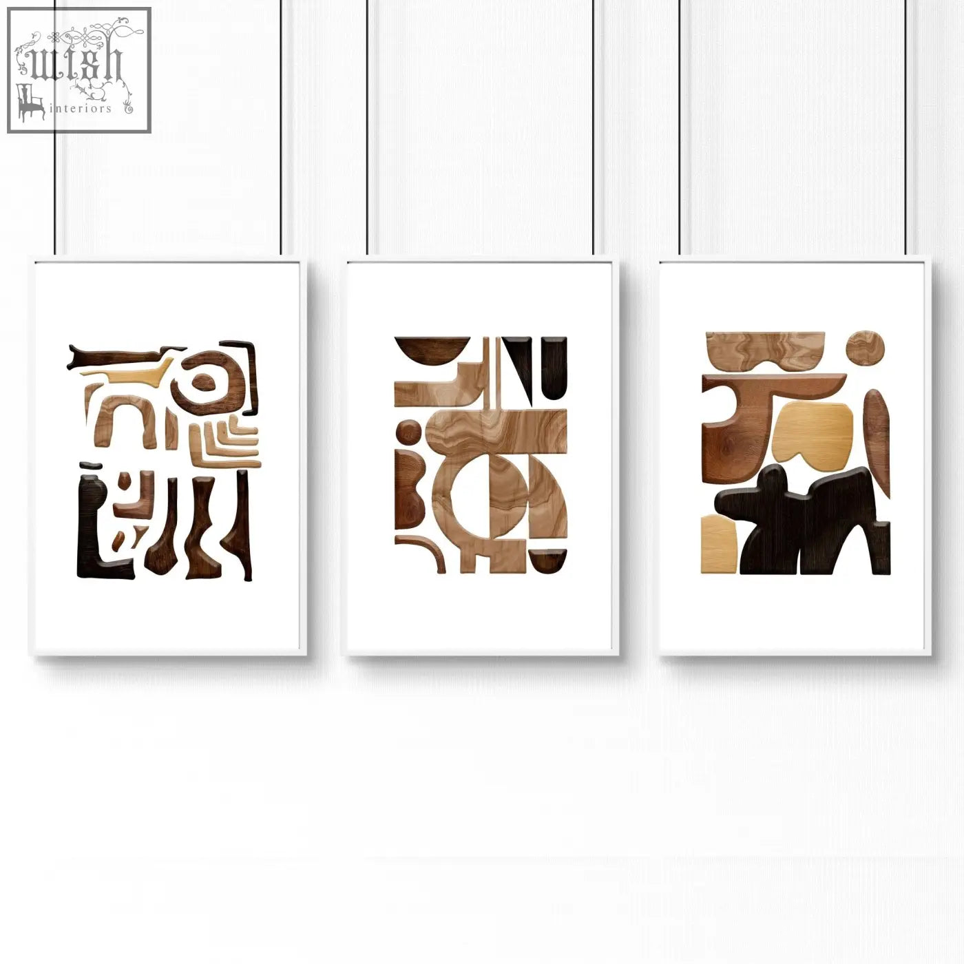 Three framed abstract wall art prints with geometric shapes in earthy brown tan and black tones set of 3 wall art painting