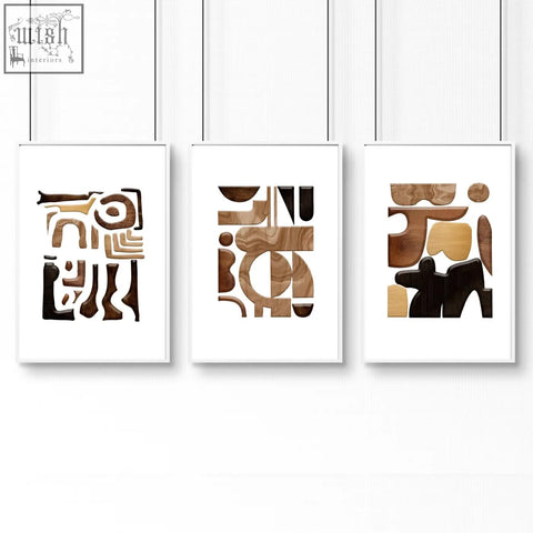 Three framed abstract wall art prints with geometric shapes in earthy brown tan and black tones set of 3 wall art painting