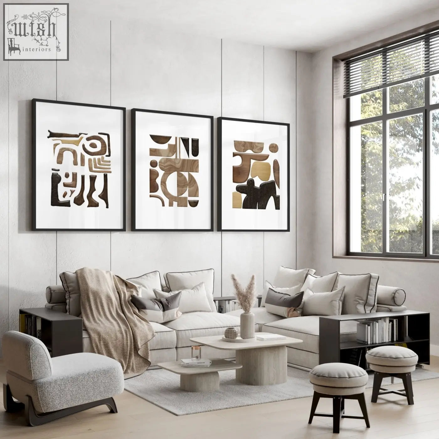 Three framed abstract wall art prints with geometric patterns in earthy brown beige and black for modern decor