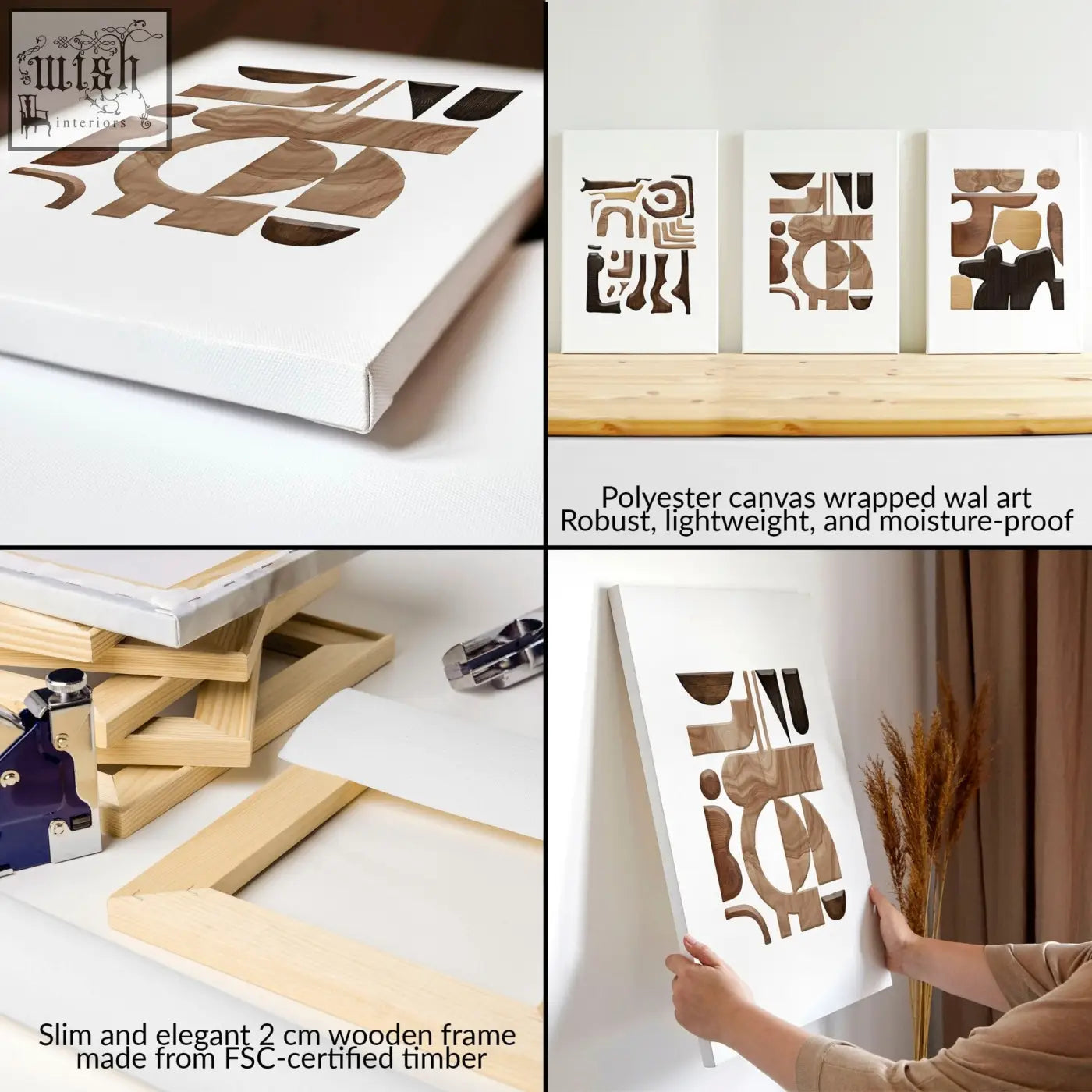 Abstract wall art painting set of 3 with white polyester canvas and warm wood grain geometric cutouts in slim wooden frame