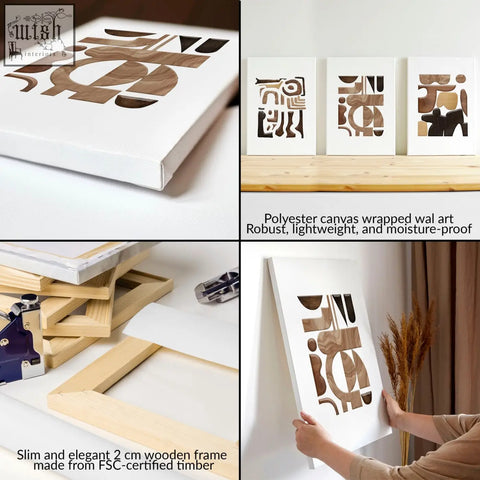 Abstract wall art painting set of 3 with white polyester canvas and warm wood grain geometric cutouts in slim wooden frame