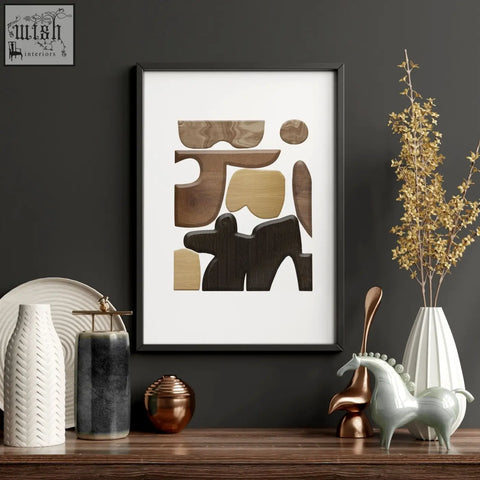 Abstract wall art painting set of 3 featuring layered geometric wood prints in brown and dark walnut tones in black frames
