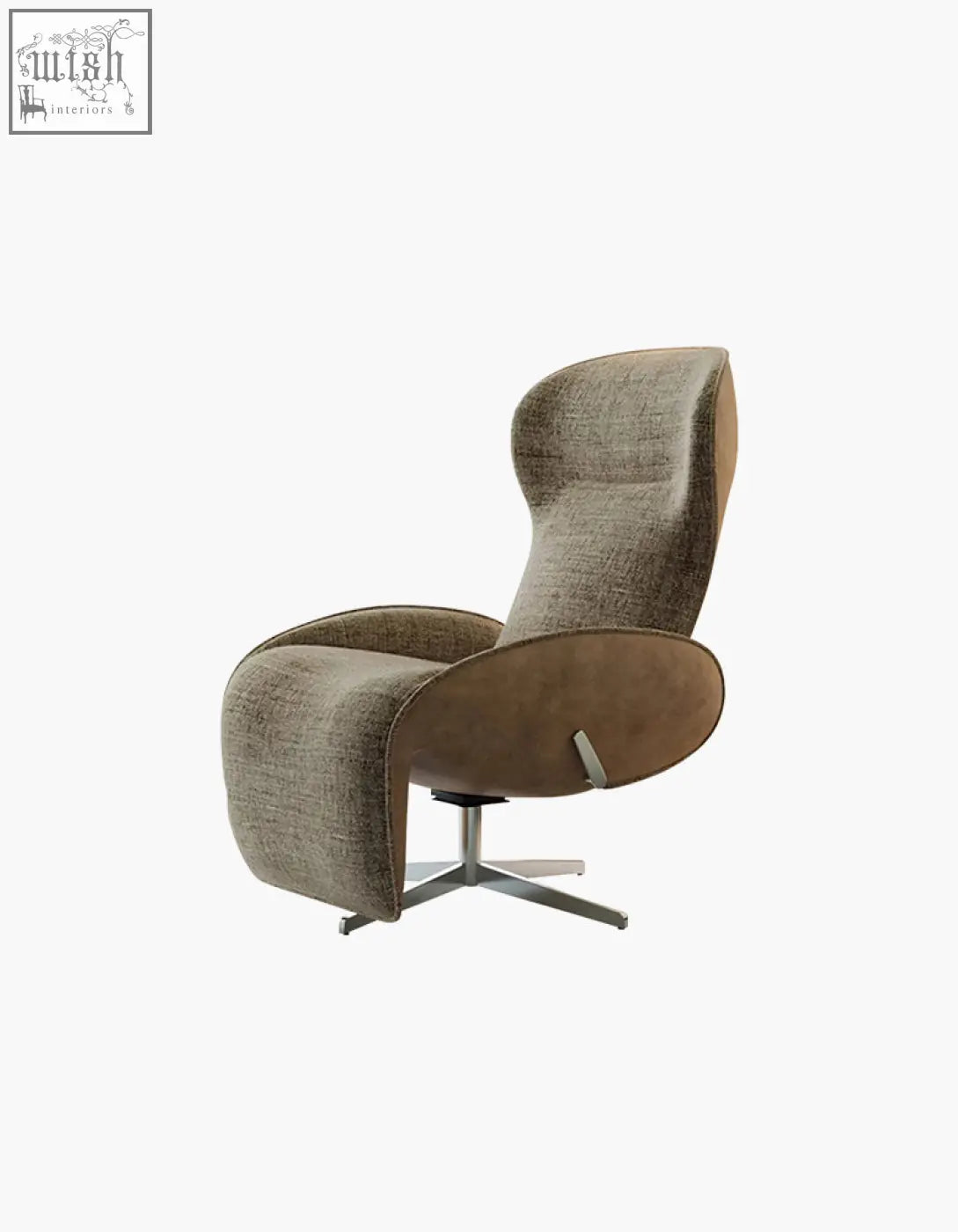 Abt swivel lounge chair with recliner in linen textured gray fabric with brown suede accents on arms and backrest