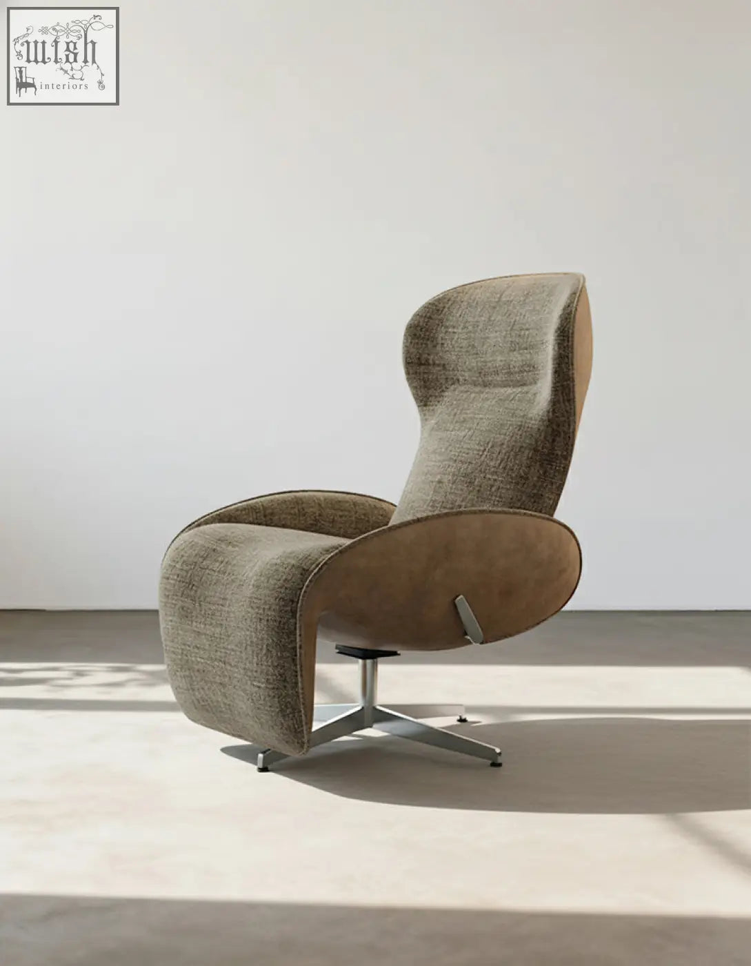 Modern swivel lounge chair with recliner in textured gray linen and tan wood panels for stylish comfort