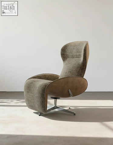Modern swivel lounge chair with recliner in textured gray linen and tan wood panels for stylish comfort