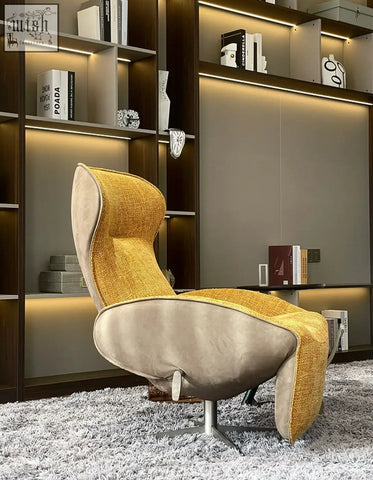 A modern abt swivel lounge chair with recliner in plush yellow and beige linen fabric upholstery