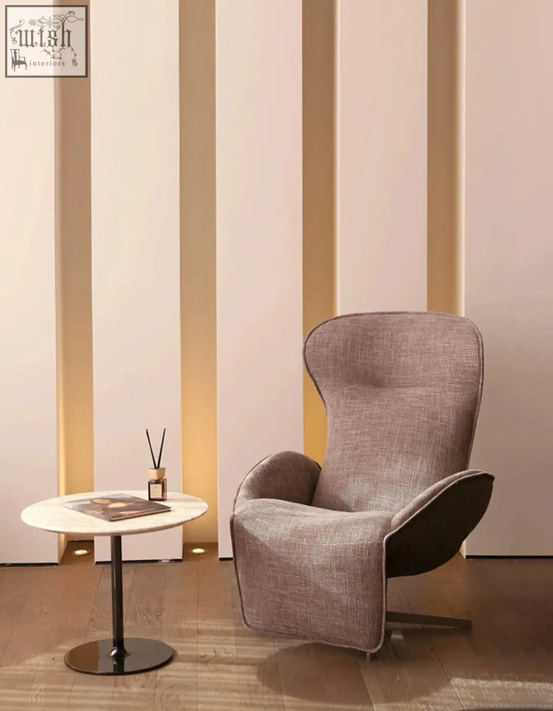 Modern upholstered swivel lounge chair with recliner in textured gray linen fabric and sleek curved design