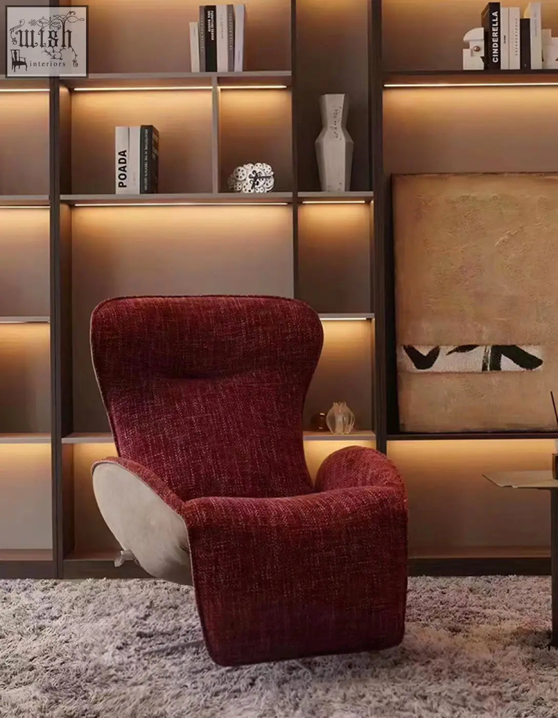 Abt swivel lounge chair with recliner in deep red linen and beige panels for comfy modern lounging