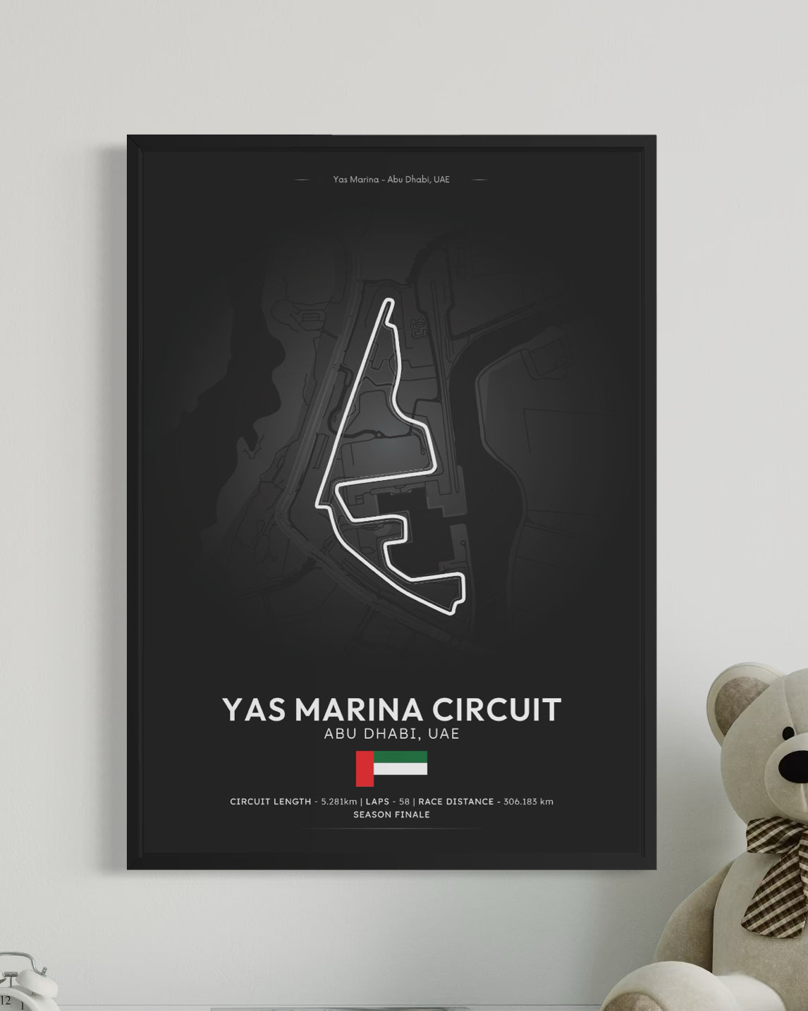 Black-framed abu dhabi circuit poster with white yas marina track line art and uae flag for dhabi f1 circuit fans