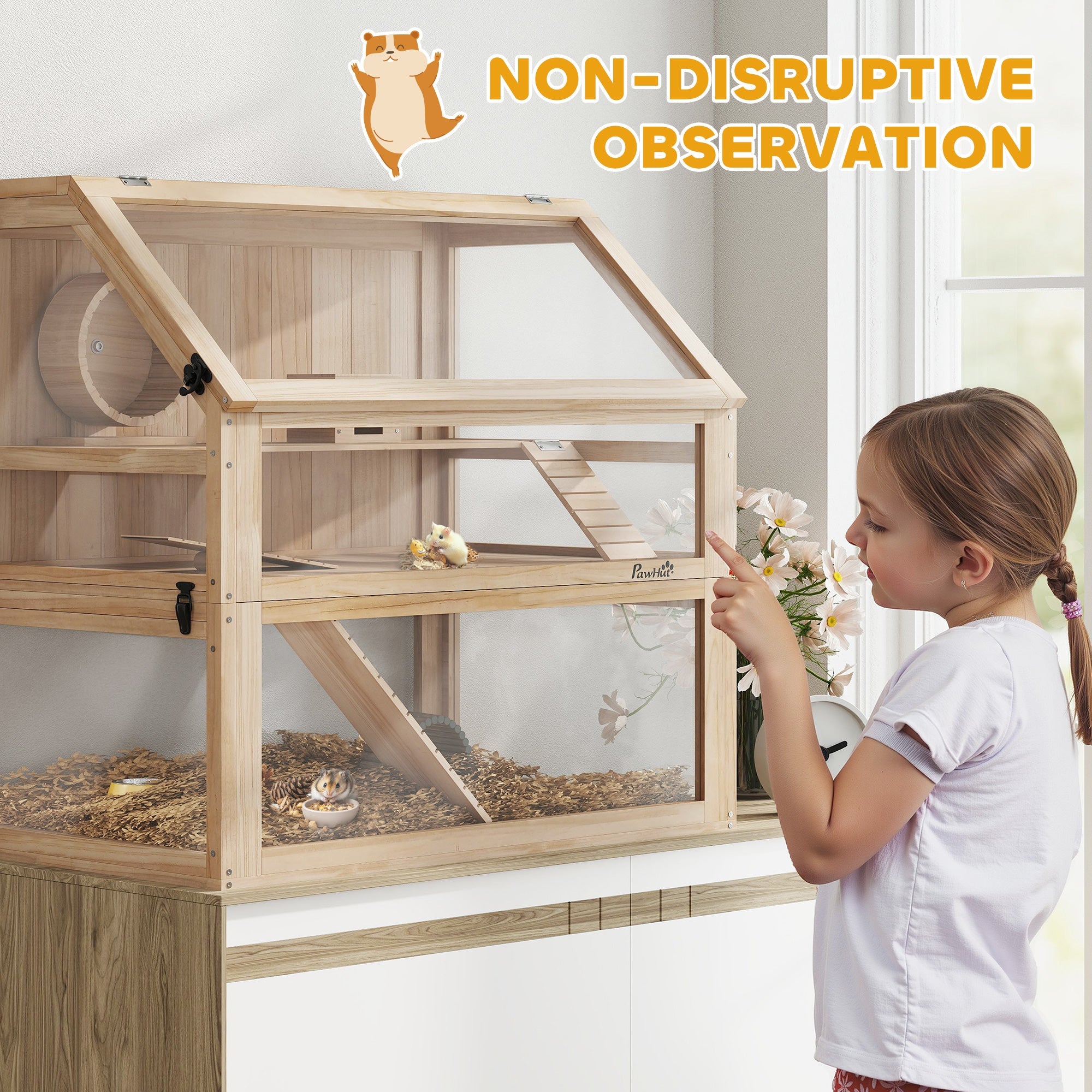 PawHut Wooden Hamster Cage with Detachable 31cm Deep Bottom, Hut, Seesaw, Exercise Wheel, Ramp, 80 x 50 x 76cm, Natural