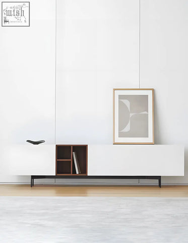 Minimalist acacia tv stand white with dark wood cubby and black metal legs for organized entertainment setup