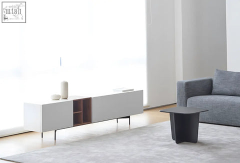 Minimalist acacia tv stand white with walnut finish and slender black legs for organized entertainment space