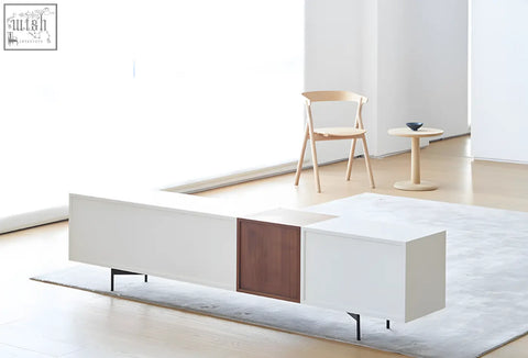 Minimalist acacia tv stand white with walnut wood and black metal legs for organized entertainment space