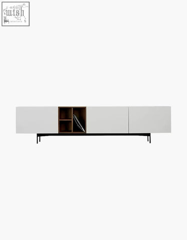 Modern acacia tv stand white with dark wood and sleek black metal legs for an organized entertainment setup