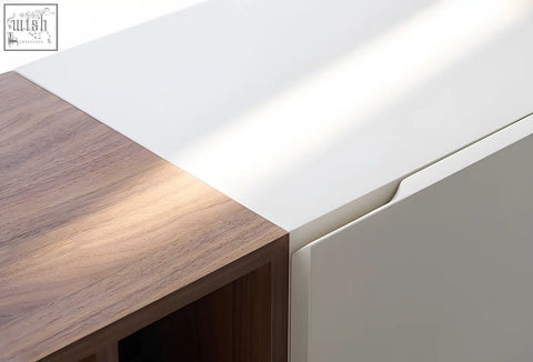 Modern minimalist side table with warm walnut top and sleek white lacquered sides in acacia tv stand white for organized entertainment
