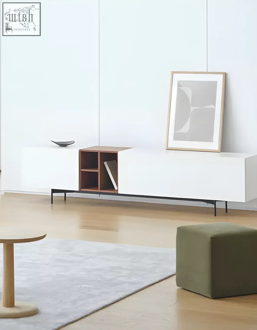 Modern acacia tv stand white with walnut wood and black metal legs for an organized entertainment space