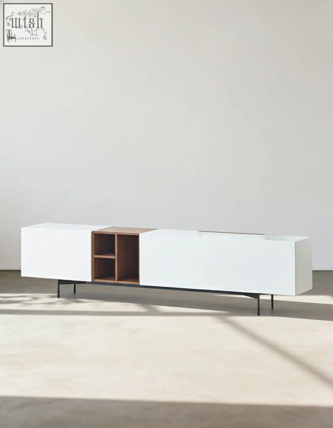 Modern acacia tv stand white with wood tones and sleek black metal legs for organized entertainment space